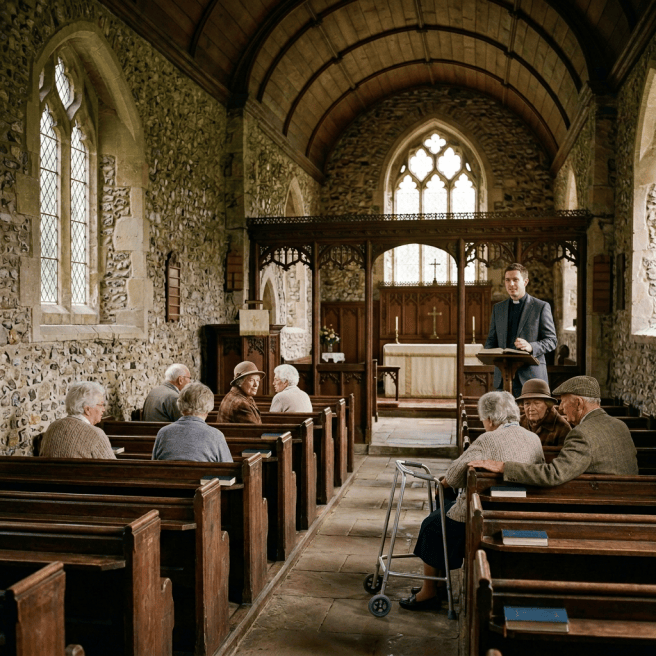 Four older adults walking through a churchyard beside a historic stone church